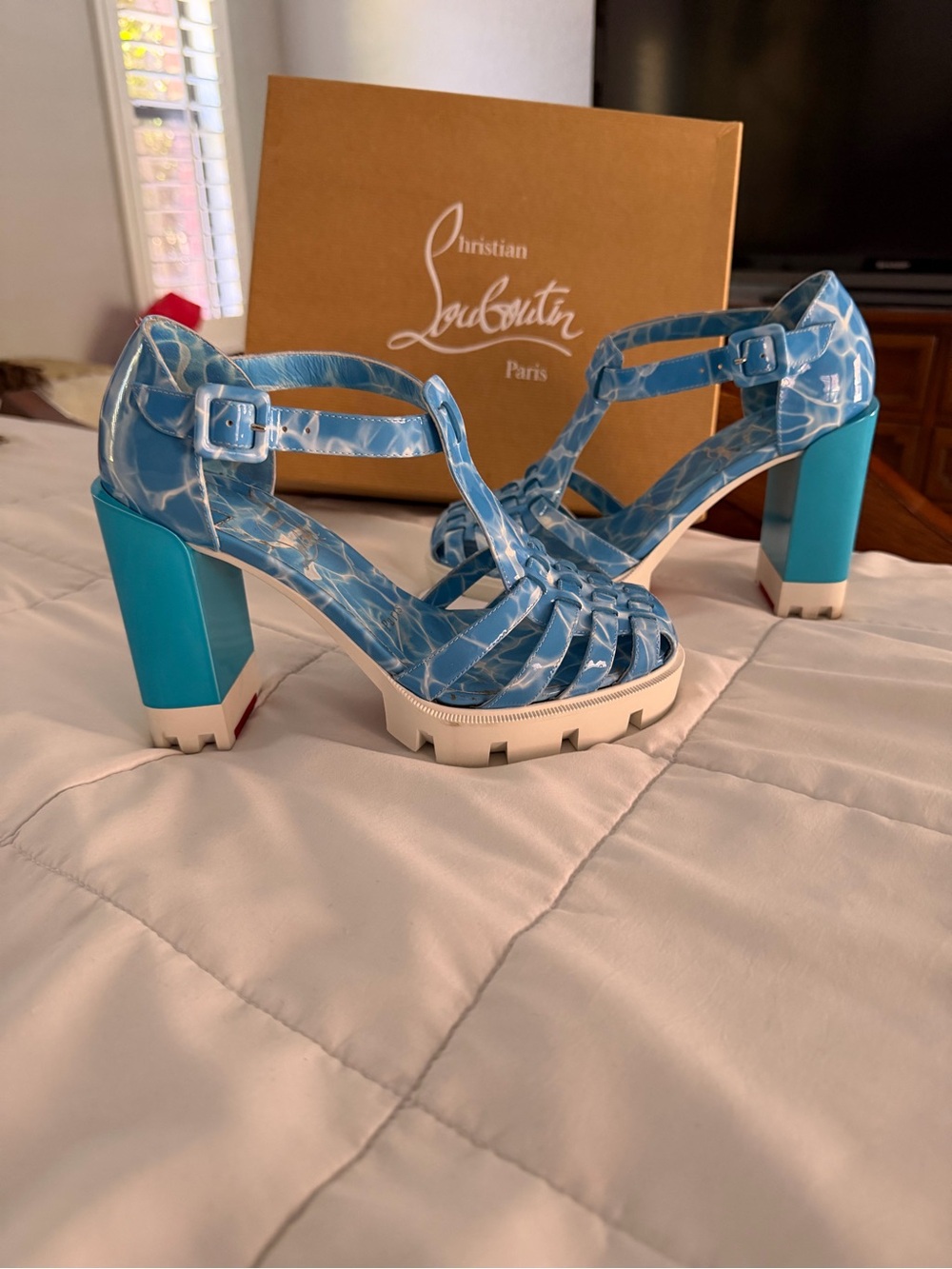 Christian Louboutin Blue Patent Strappy Block Heel Sandals